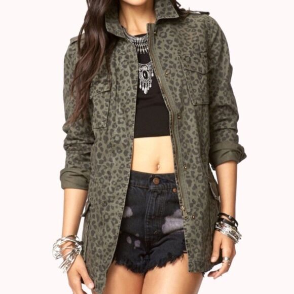 Forever 21 Animal Print Cheetah Utility Chore Jacket Green Sz Large Cinch Waist - Picture 1 of 11